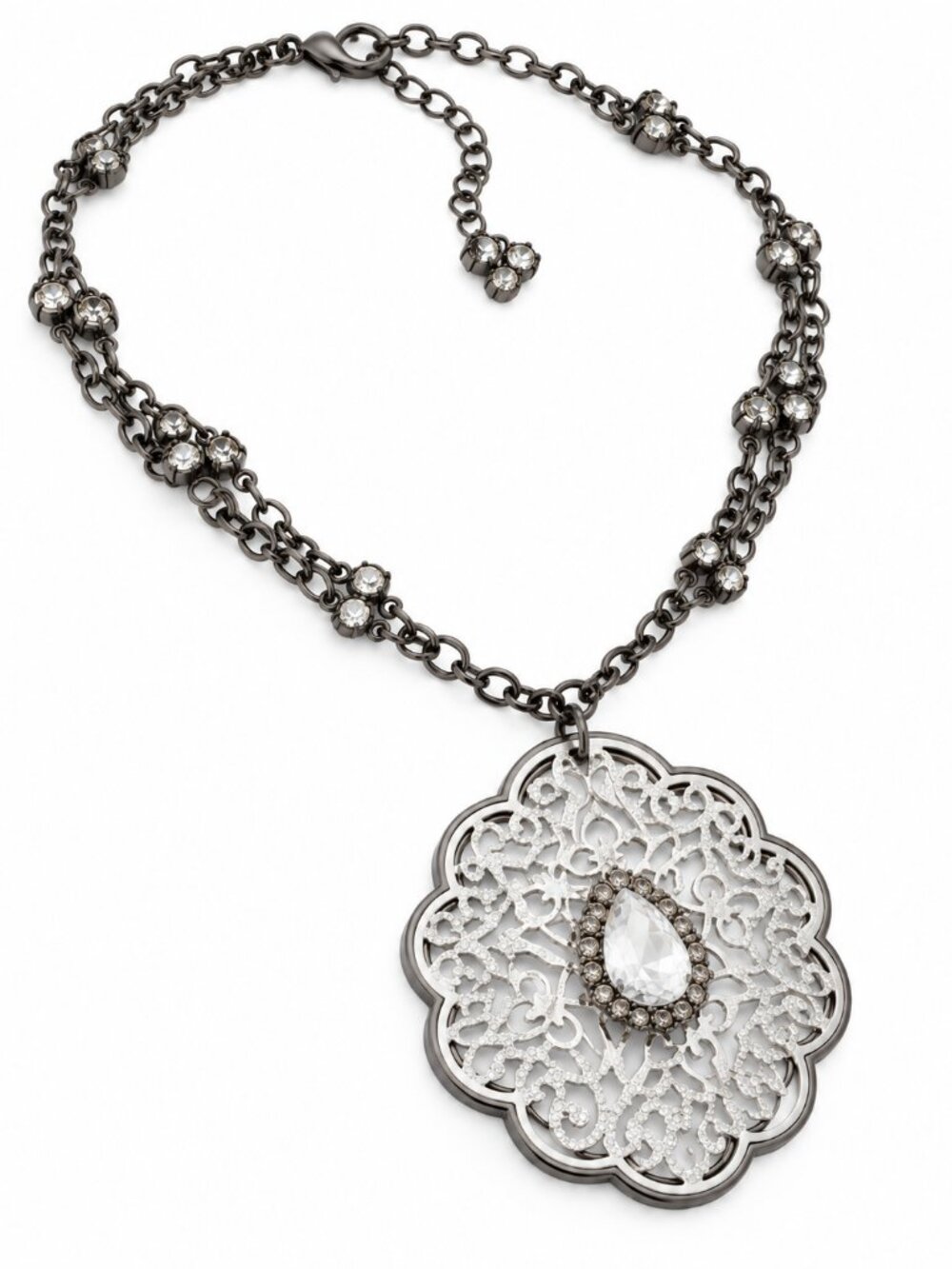 Silver Tone Filigree Crystal Statement Pendant Necklace
